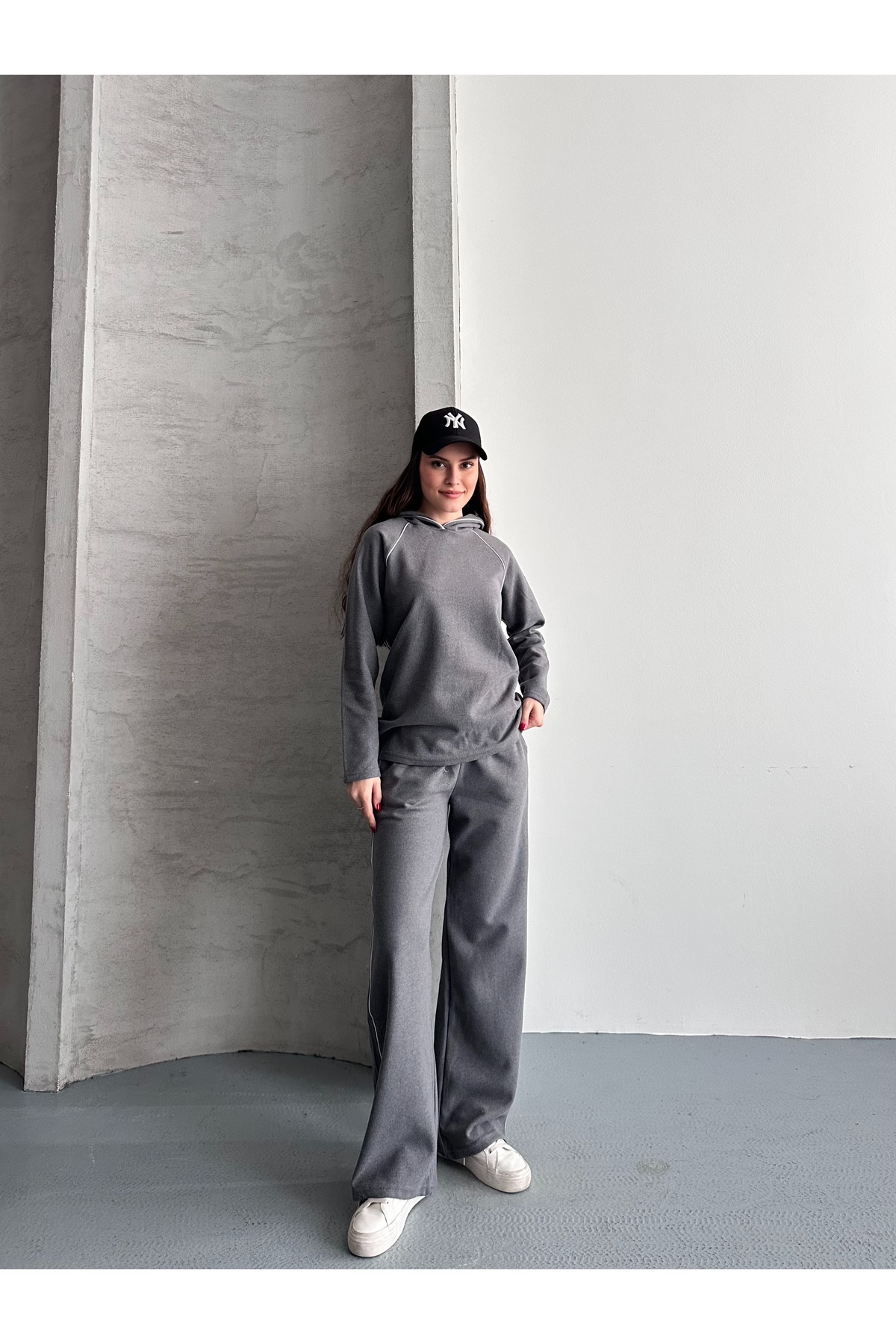 Women's Thessaloniki Fabric Hooded Piping Detailed Bottom Top Double Set