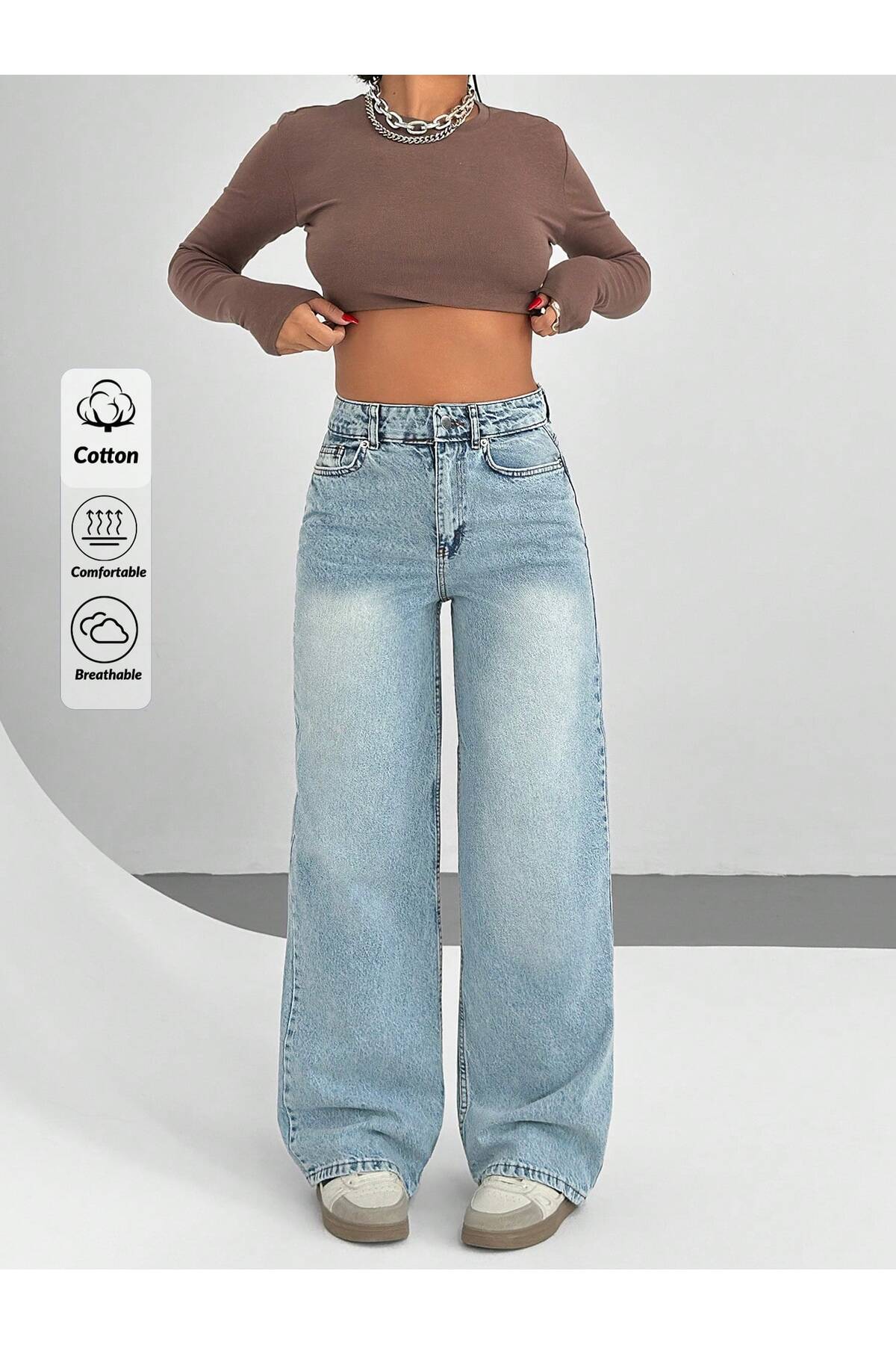 circle  Yüksek Bel Geniş Paça Açık Mavi Kadın Pantolon