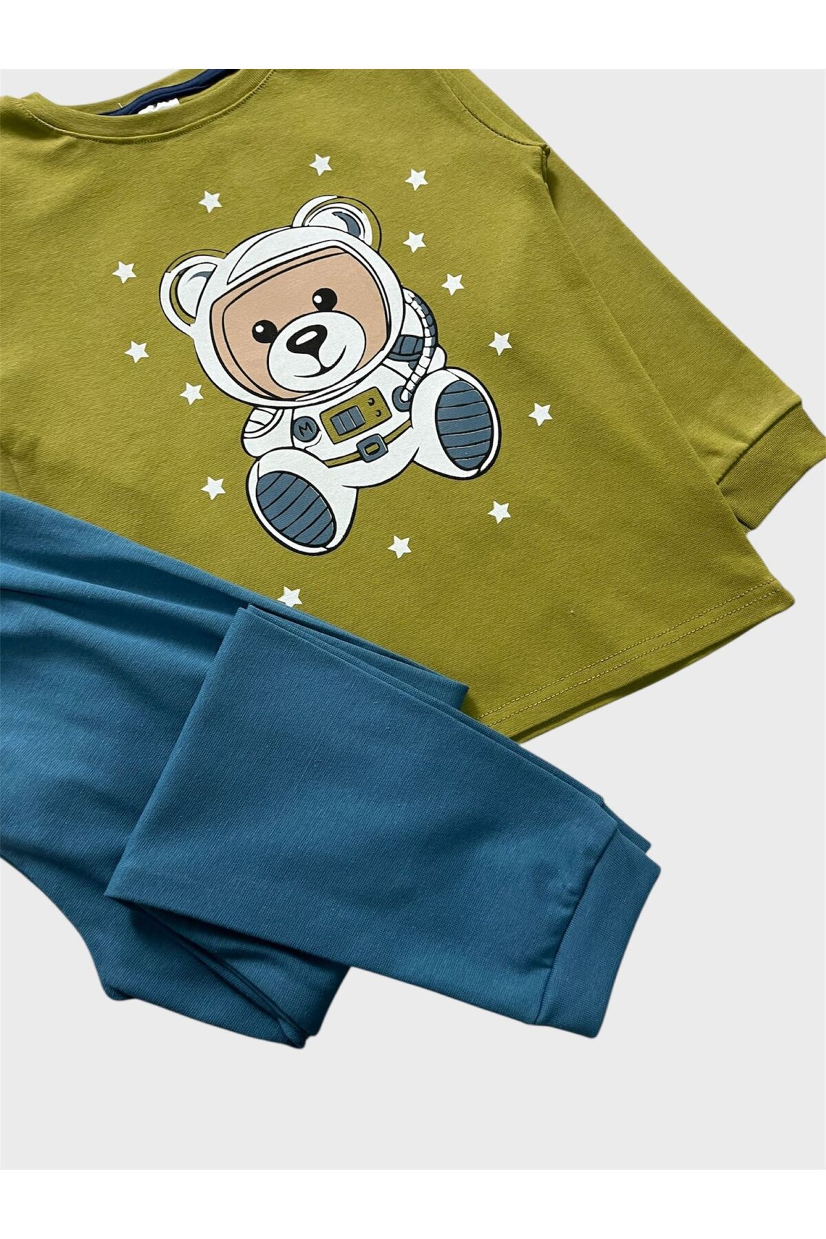 elmas kids Erkek Çocuk Pamuklu Haki Lacivert Astronot Desenli Uzun Kollu Ribana Likralı Kalın Pijama Takımı fotoğrafı 2 (önizleme)