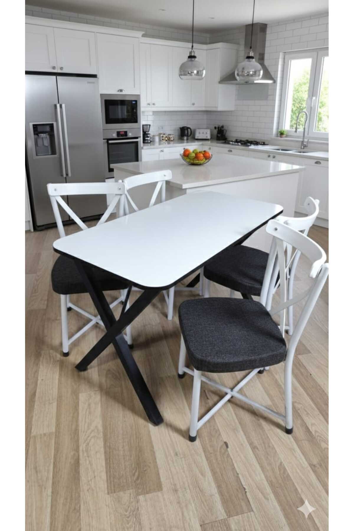 60x120 White Table X Chair Set, Kitchen Table Set for 4 White Chair