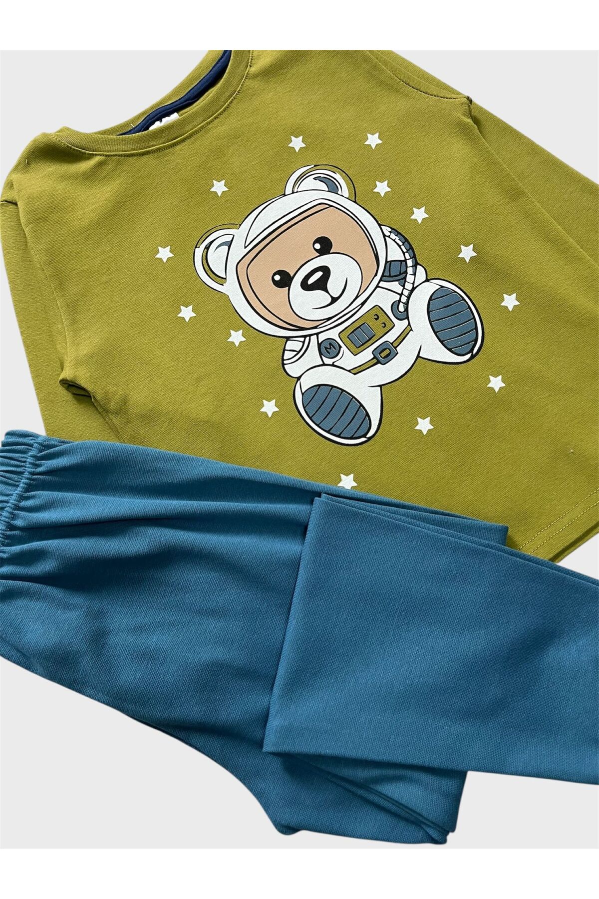 elmas kids Erkek Çocuk Pamuklu Haki Lacivert Astronot Desenli Uzun Kollu Ribana Likralı Kalın Pijama Takımı fotoğrafı 4 (önizleme)