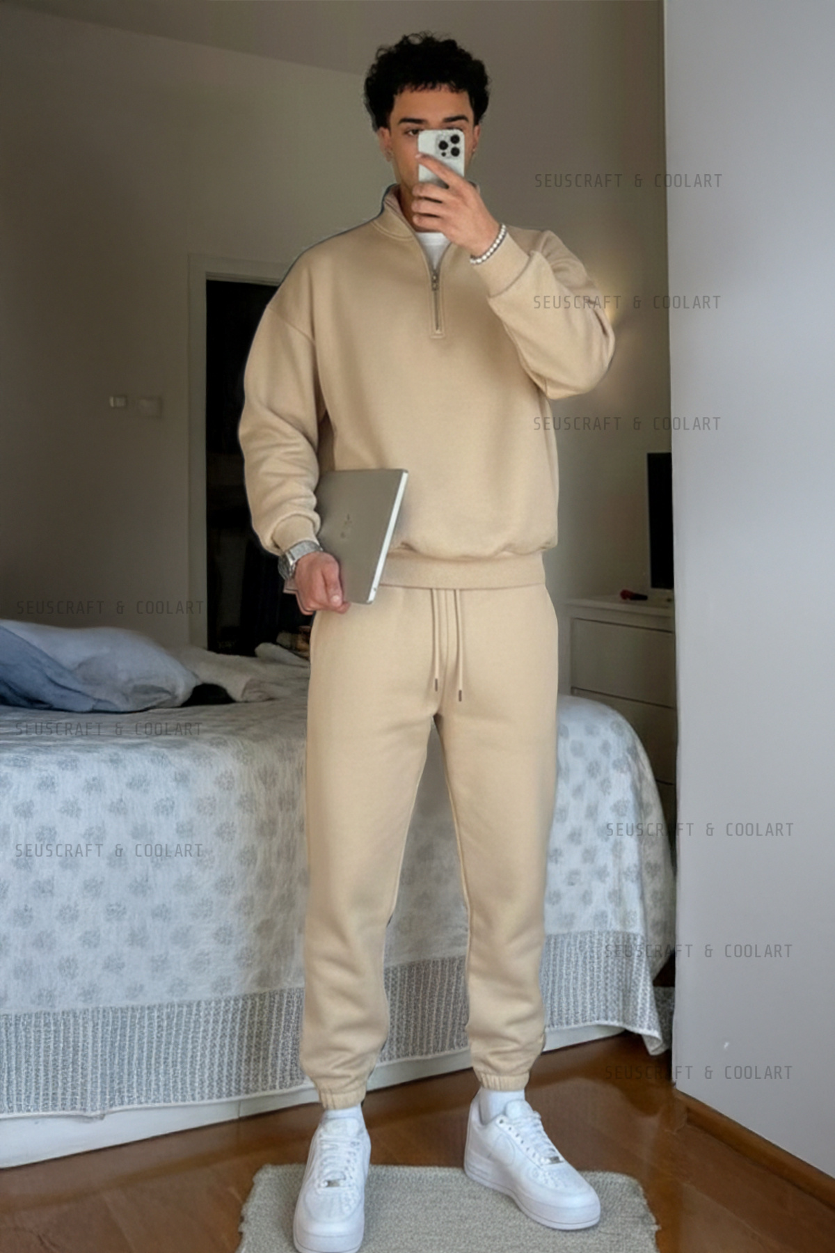 3 İplik Basic Dik Yaka Sweatshirt Eşofman Altı Jogger - Bej Eşofman Takımı Lastik Paça Dik Yaka — بژ 319583-SC