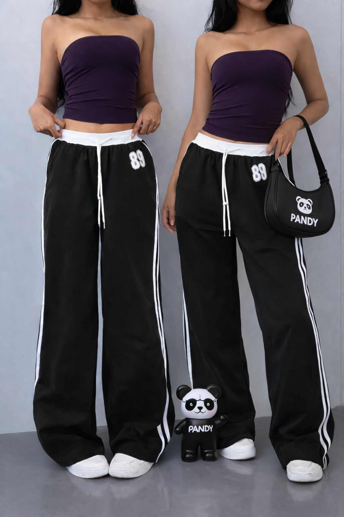 2pcs 89 Printed White Belt Double Stripe High Waist Women Wide Leg Sweatpants