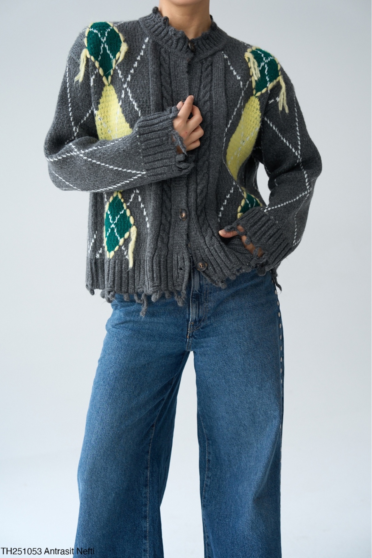 Lupies  Kadın Antrasit Baklava Desen Saçaklı Triko Hırka