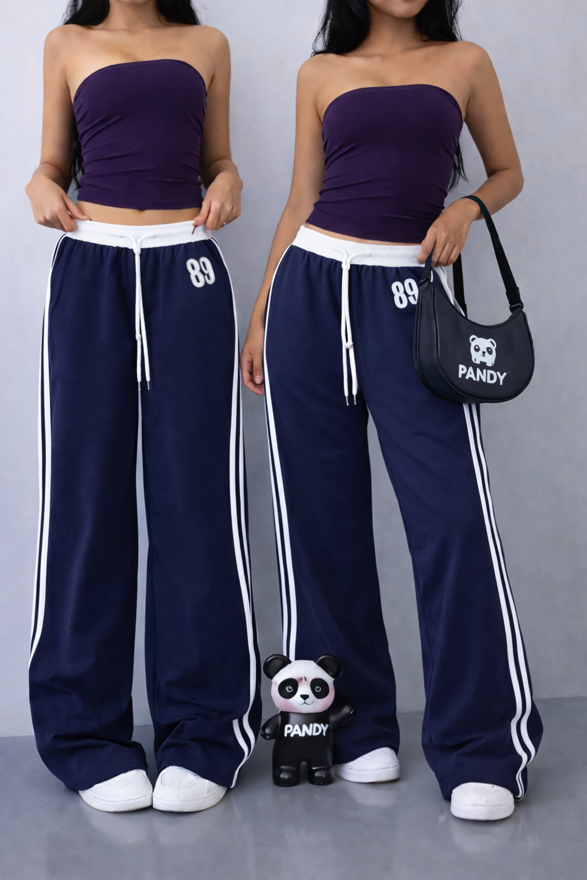 2pcs 89 Printed White Belt Double Stripe High Waist Women Wide Leg Sweatpants