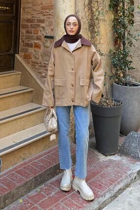 Lamelif Yaka Detaylı Düğmeli Gabardin Ceket Camel