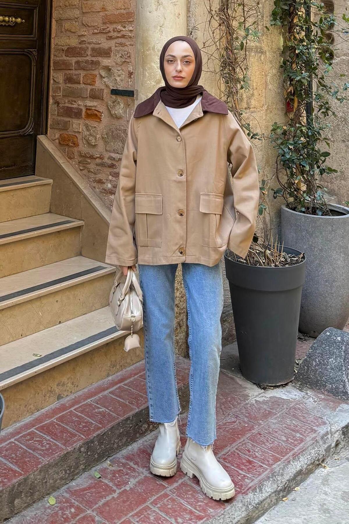 Lamelif  Yaka Detaylı Düğmeli Gabardin Ceket Camel