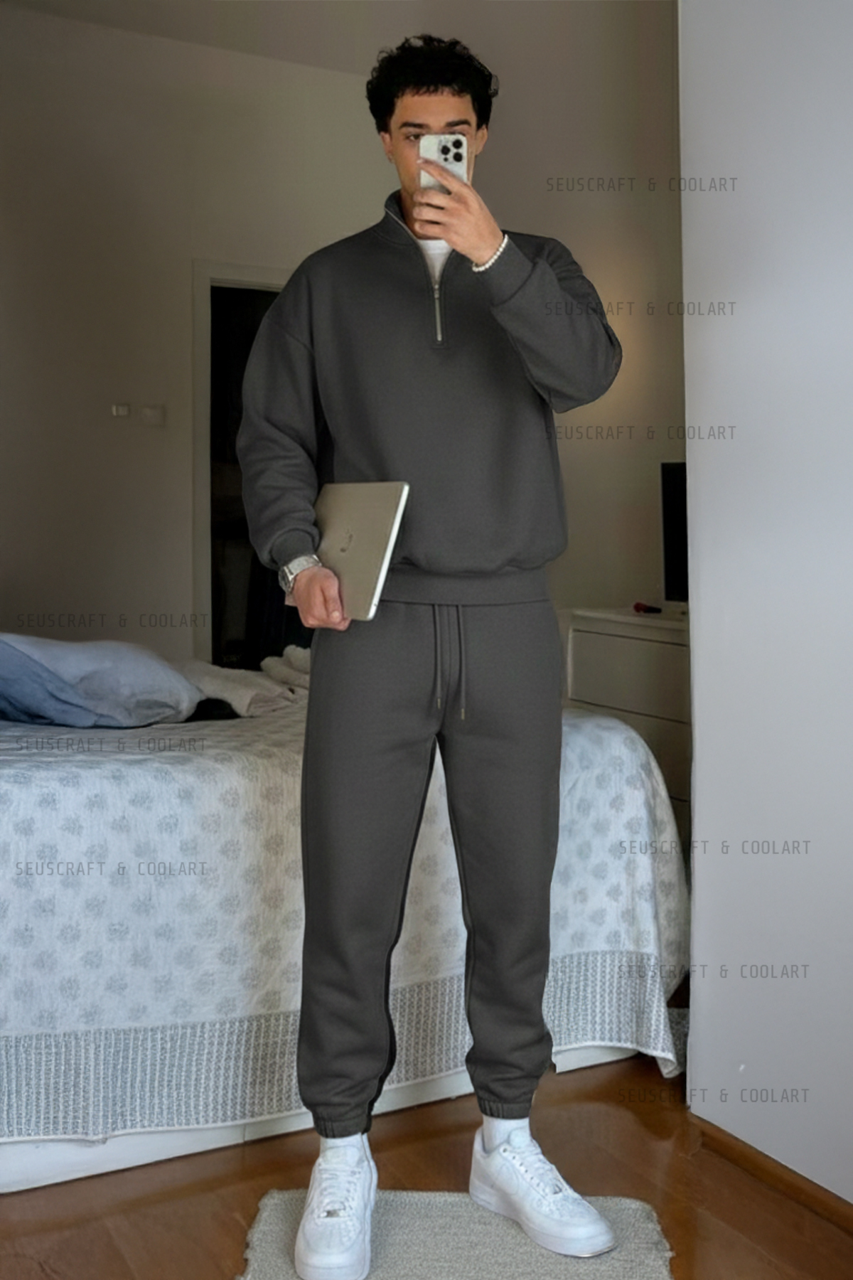 coolart  3 İplik Basic Dik Yaka Sweatshirt Eşofman Altı Jogger - Füme Eşofman Takımı Lastik Paça Dik Yaka