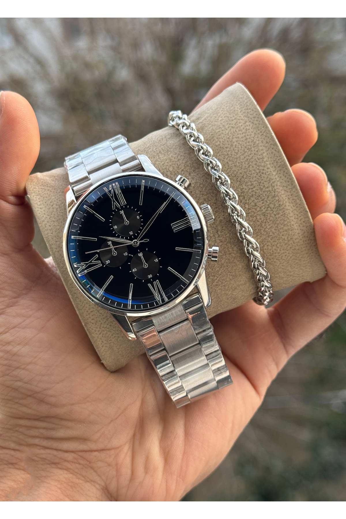 Tulpar  Bileklik Hediyeli Çelik Kordon Gümüş Renk Siyah Kadran Erkek Kol Saati