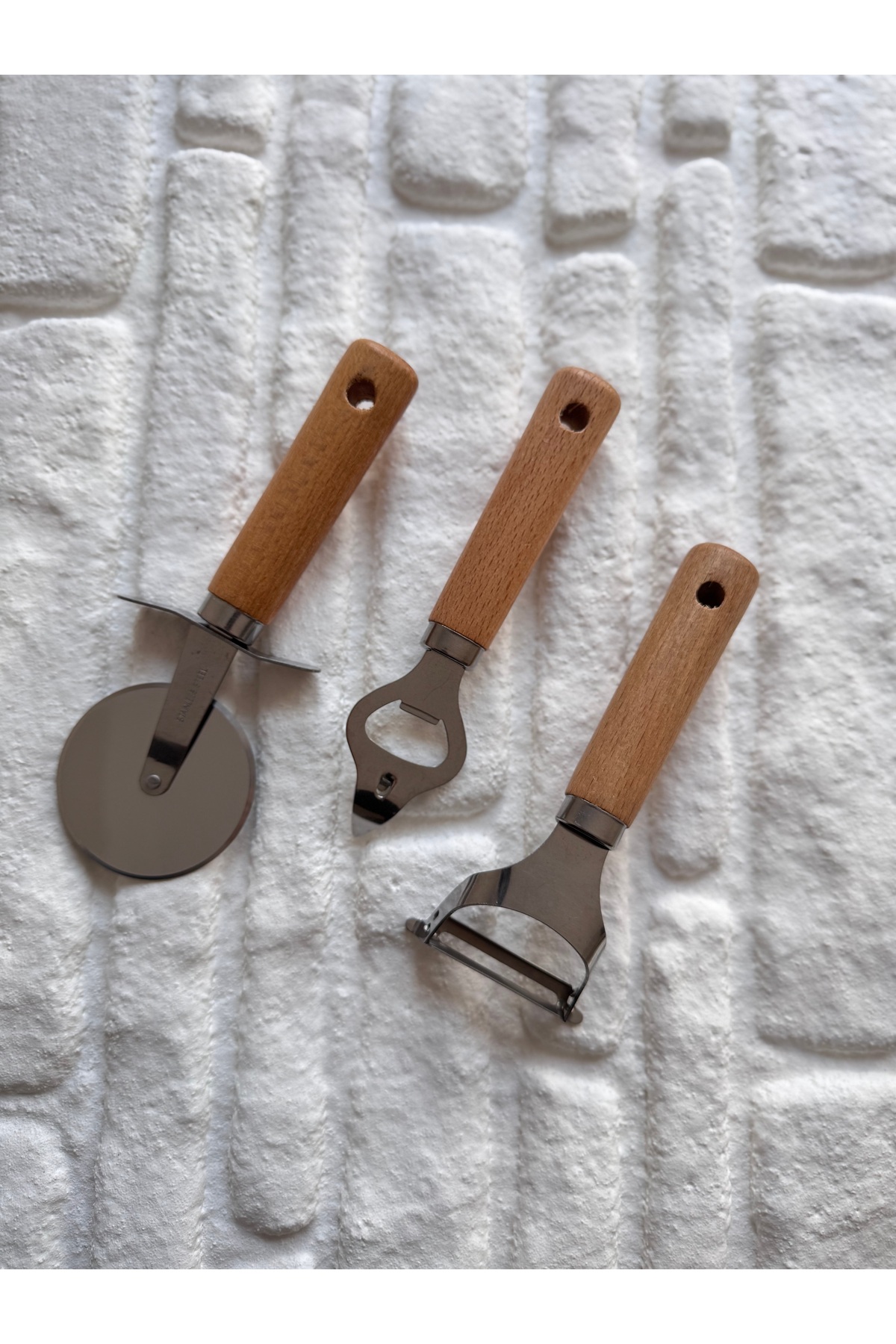 3'lü Bambu Saplı Mini Soyacak , Şişe Açacağı ve Hamur Pizza Ruleti Seti