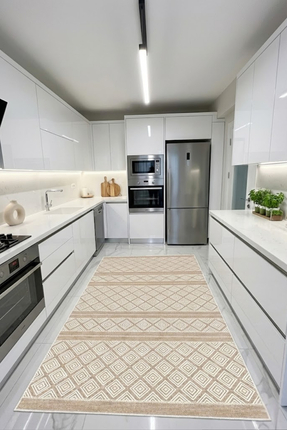 CENTER AVM Bej Halı Mutfak Halısı Makinede Yıkanabilir Halı Kaymaz Taban Halı