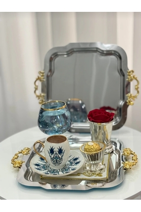 Bereket Home 6 LÜX ROYAL çelik geçmeli kulp kahve sunumu servis tepsisi