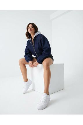 yor garment Kadın Lacivert Fermuarlı Gri Kapüşonlu Kot Ceket