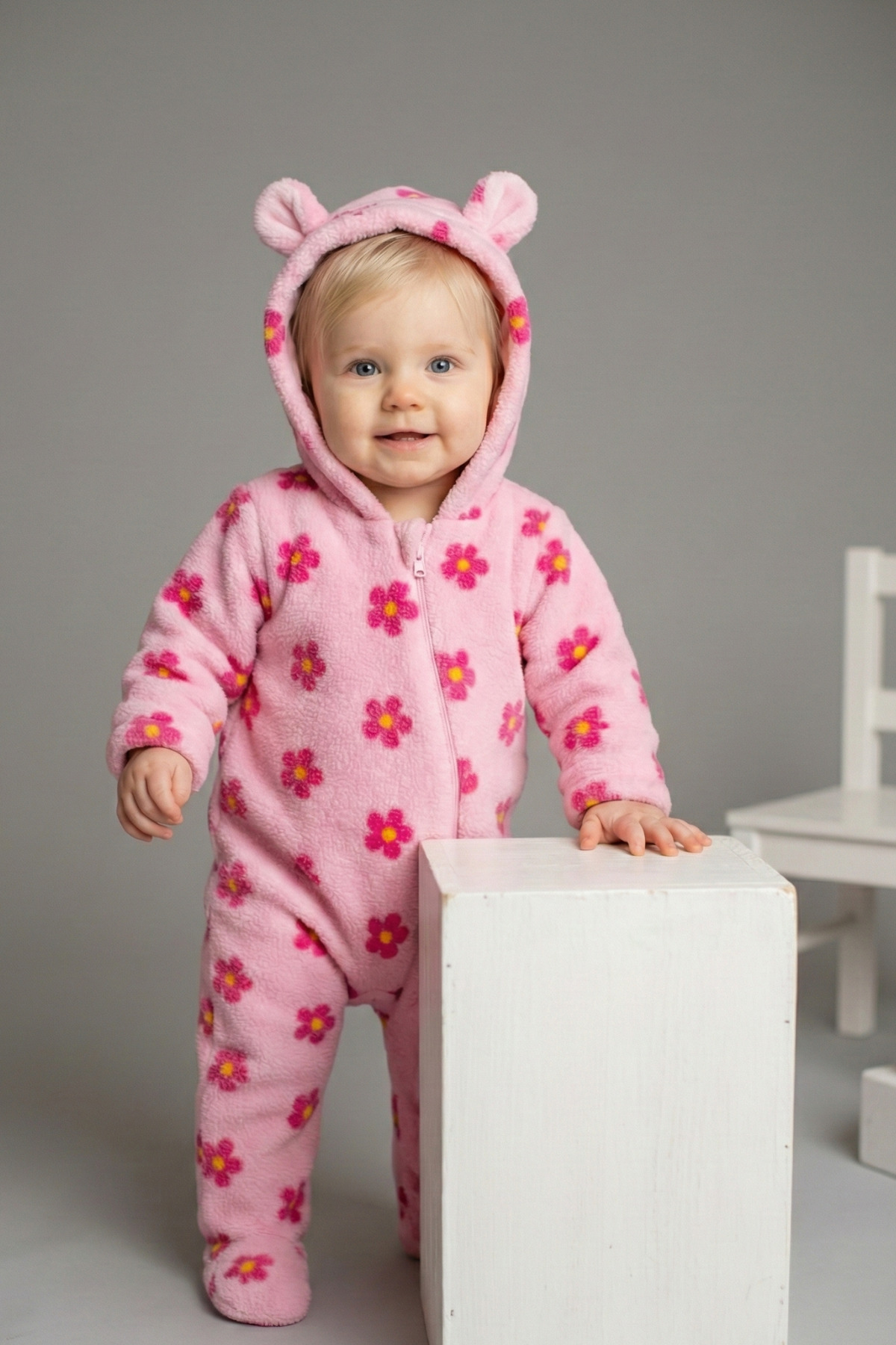 GÜLERBEBECİX Kız Bebek Welsoft Tulum Kapüşonlu Baskılı Desenli 0-12 Aylık fotoğrafı 3 (önizleme)