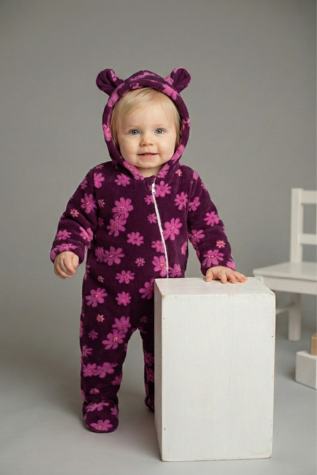 GÜLERBEBECİX Kız Bebek Welsoft Tulum Kapüşonlu Baskılı Desenli 0-12 Aylık fotoğrafı 3 (önizleme)