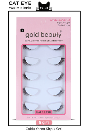 Gold Beauty 5 Çift Doğal Kedi Göz Takma İpek Kirpik Doğal Görünümlü Yarım Kirpik