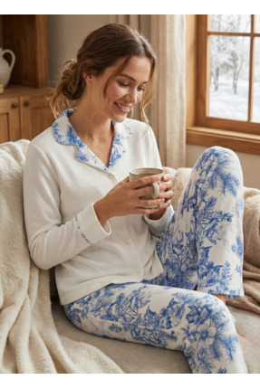 Feenia Jasminelle Beyaz Pamuklu Termal Kumaş Gömlek Yaka Pijama Takımı