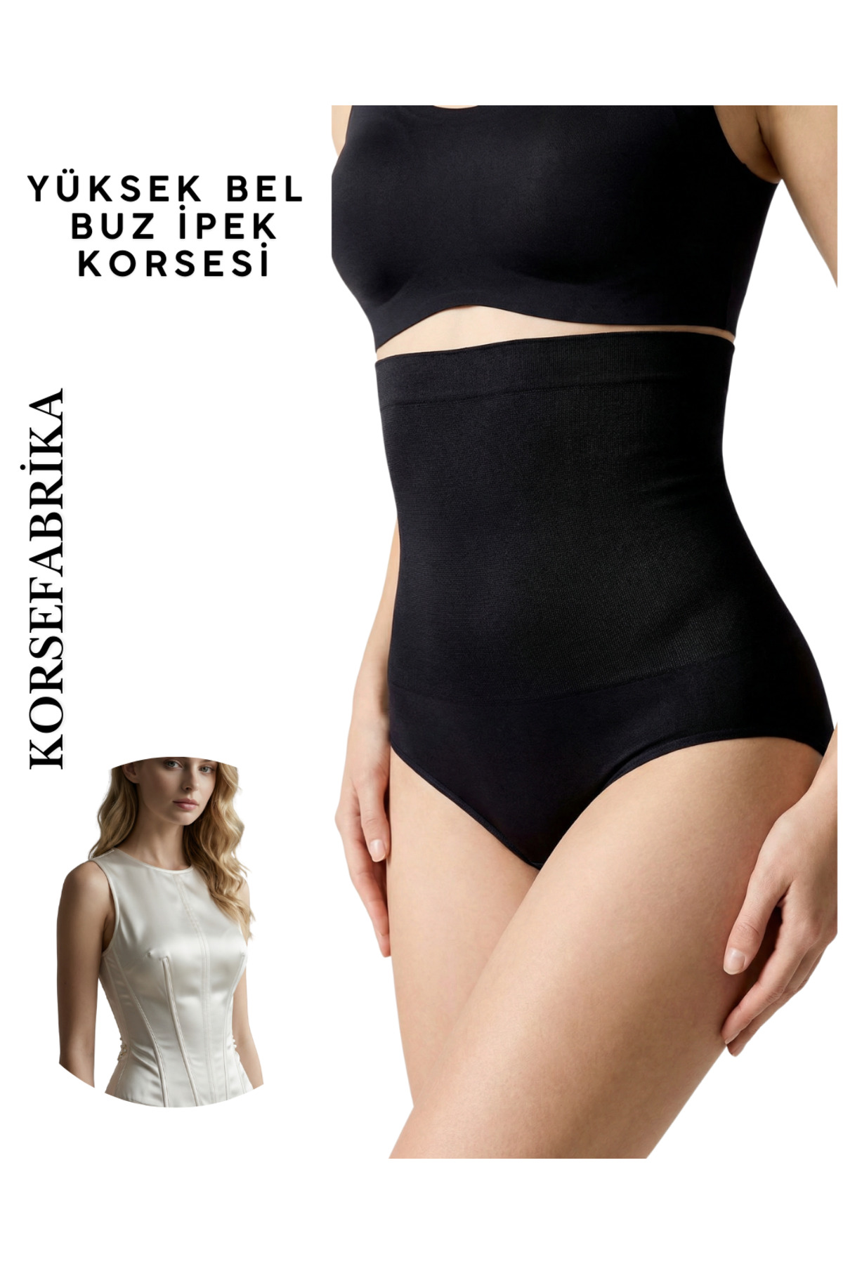 korsefabrika trend mood store Buz İpek Balenli İZ Yapmayan Siyah Rengi Yüksek Bel Dikişsiz Hayalet Lazer Slip Korse görsel 4