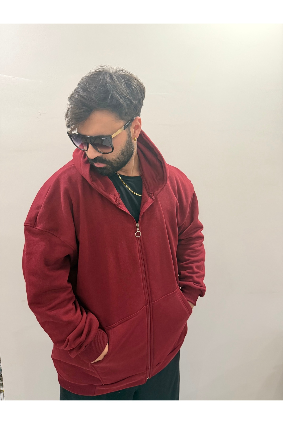 Bas Body FitnessWear Bordo Rengi Battal Büyük Beden Fermuarlı Geniş Kalıp Oversize 3 İplik Şardonlu Pamuklu Kapşonlu görsel 4