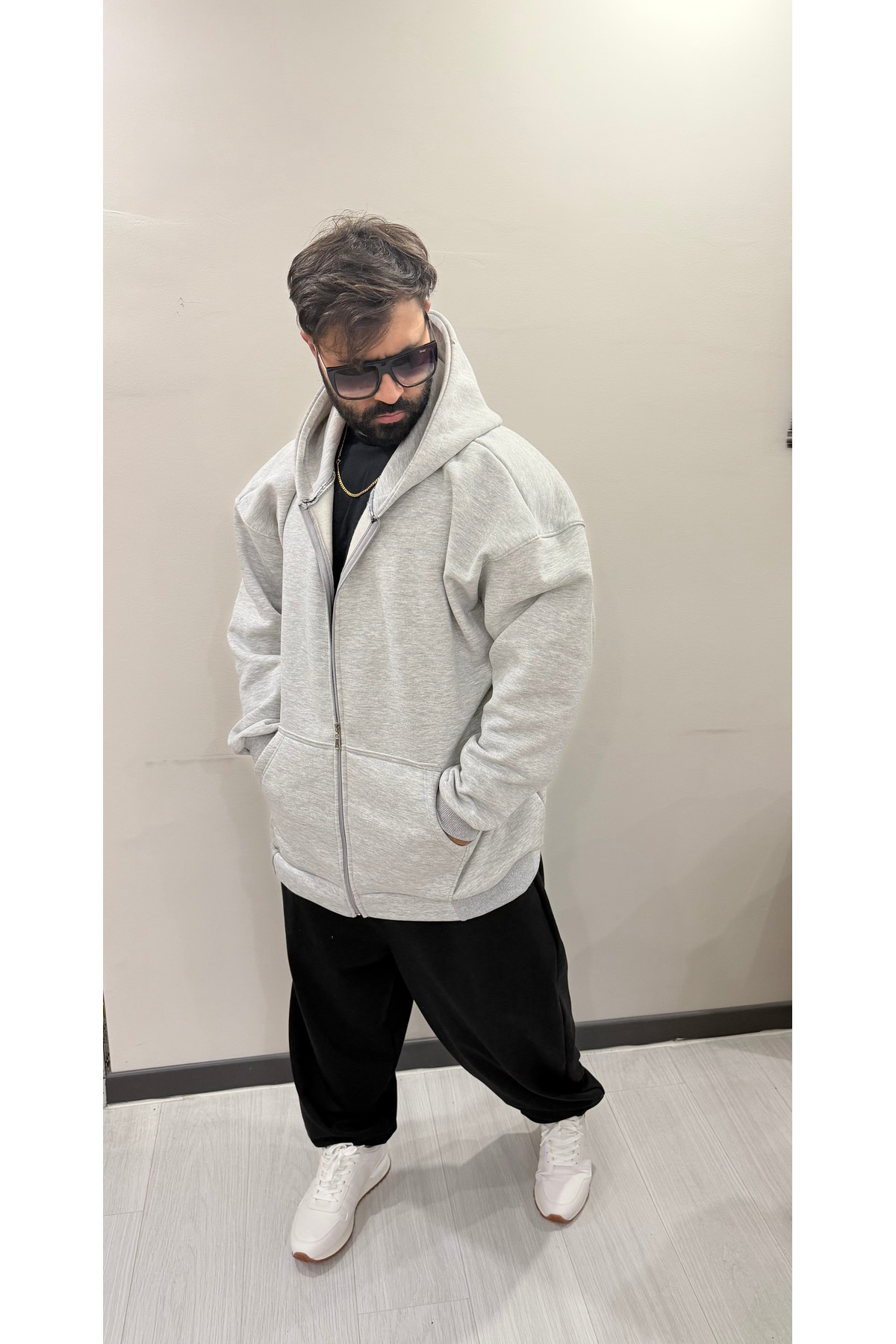 Bas Body FitnessWear Gri Rengi Battal Büyük Beden Fermuarlı Geniş Kalıp Oversize 3 İplik Şardonlu Pamuklu Kapşonlu