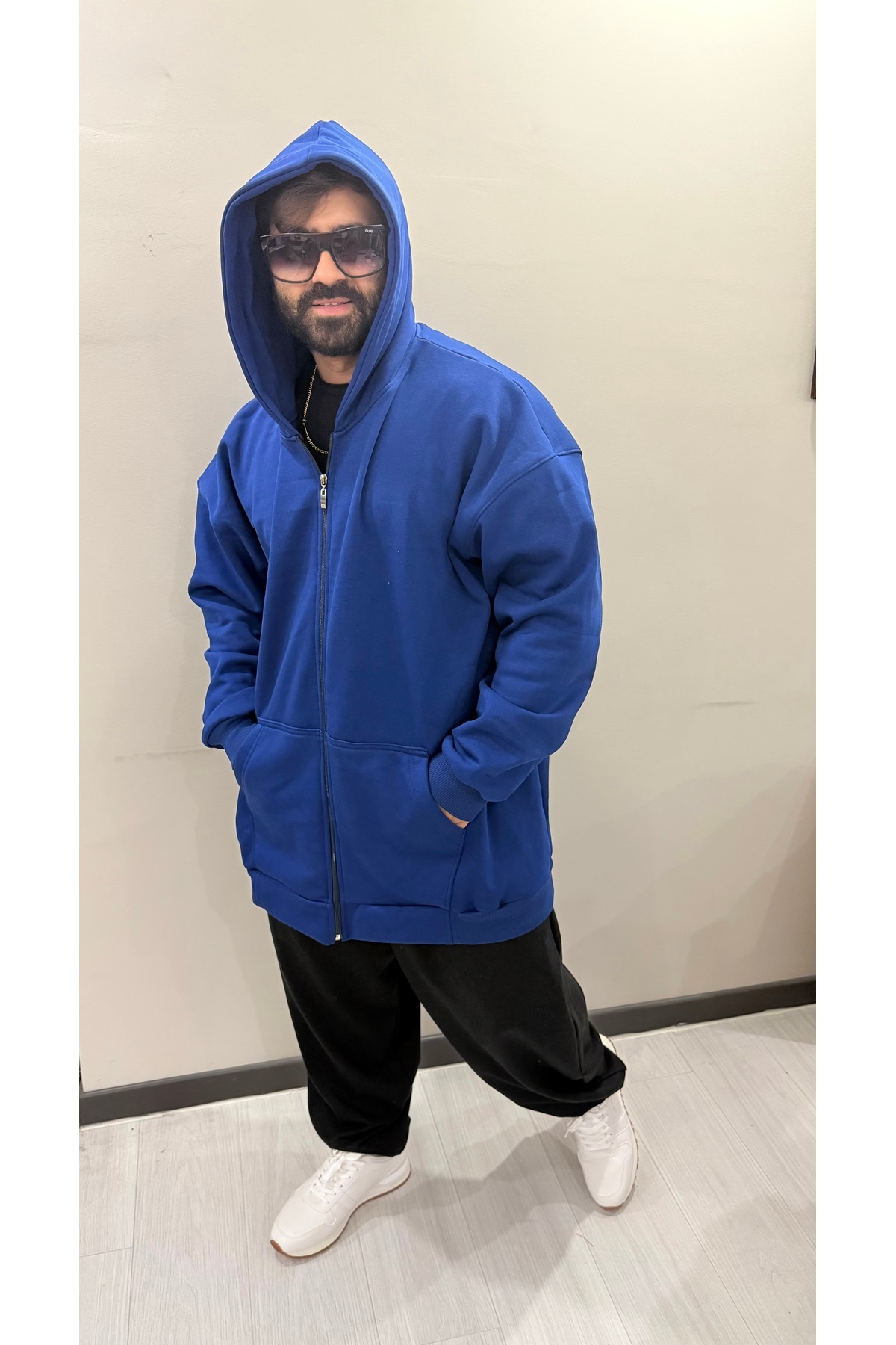 Bas Body FitnessWear Mavi Saks Rengi Battal Büyük Beden Fermuarlı Geniş Kalıp Oversize 3 İplik Şardonlu Pamuklu Kapşonlu görsel 2