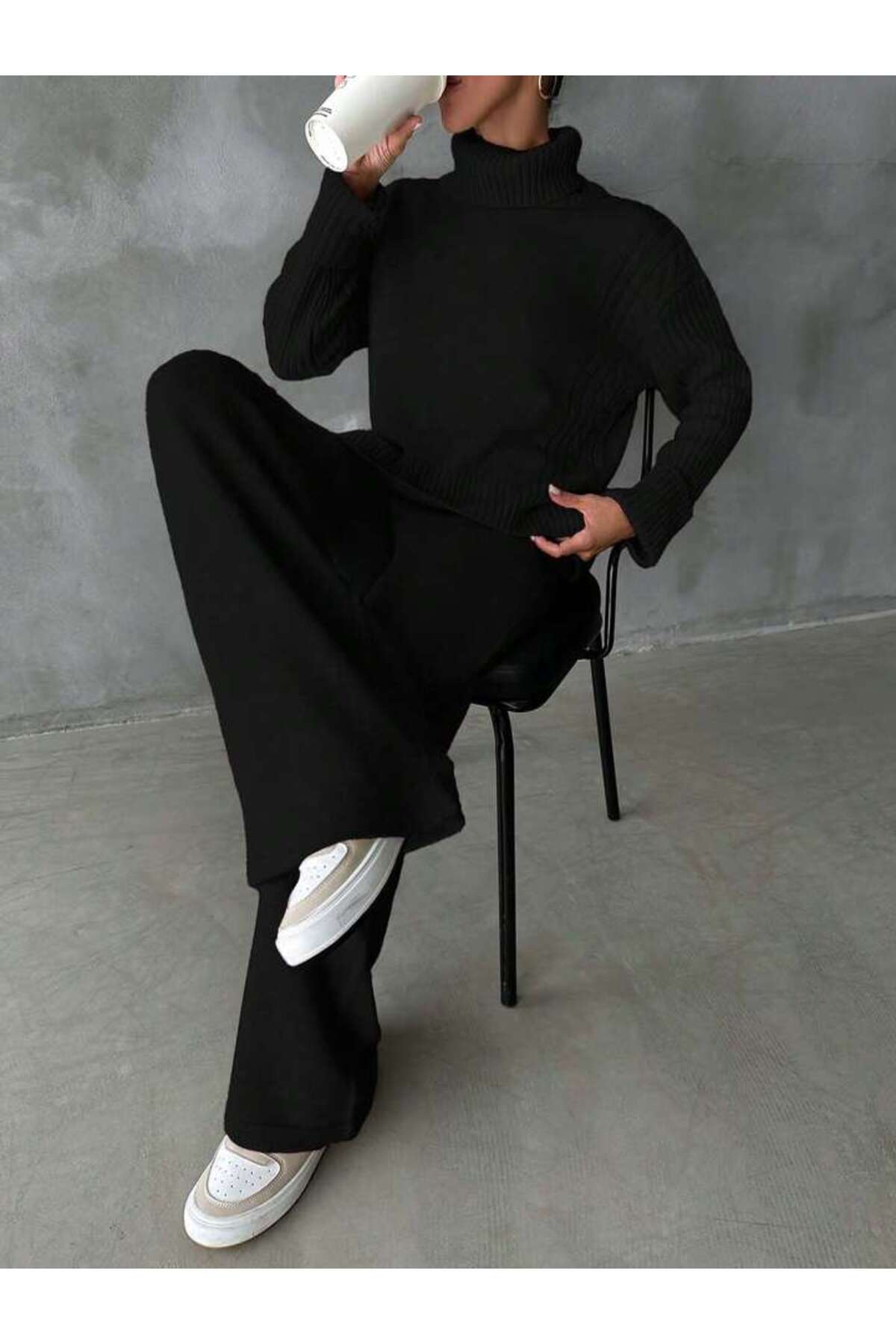 NLT Γυναικείο πλεκτό σετ κοτλέ τεμαχίων με σχέδιο πλεξούδας με γιακά και άνοι...