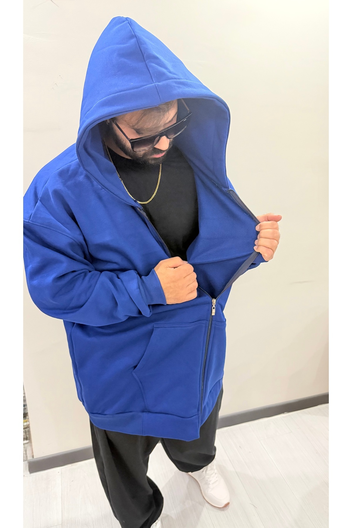 Bas Body FitnessWear Mavi Saks Rengi Battal Büyük Beden Fermuarlı Geniş Kalıp Oversize 3 İplik Şardonlu Pamuklu Kapşonlu