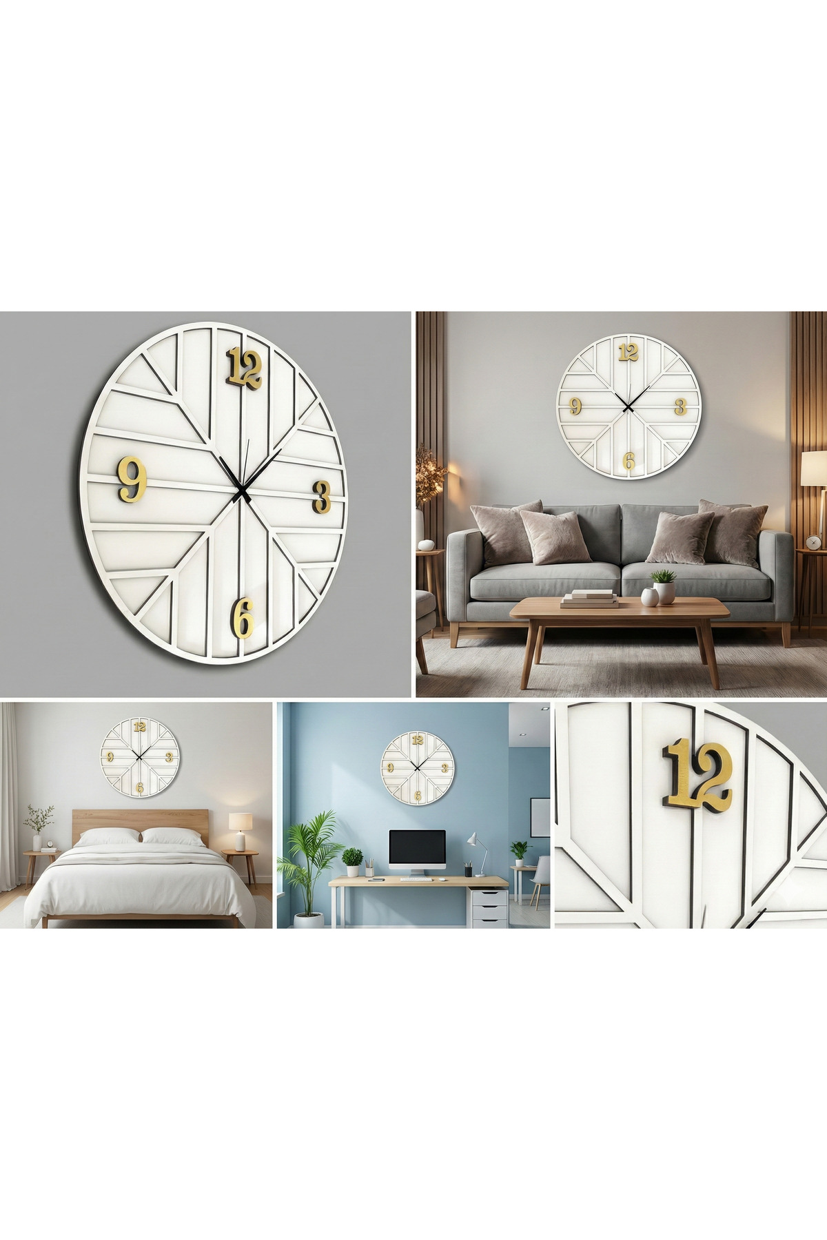 Modern Dekoratif Ahşap Duvar Saati - Beyaz ve Gold Detaylı Kabartma Rakamlı Salon Ofis Mutfak Saati 2
