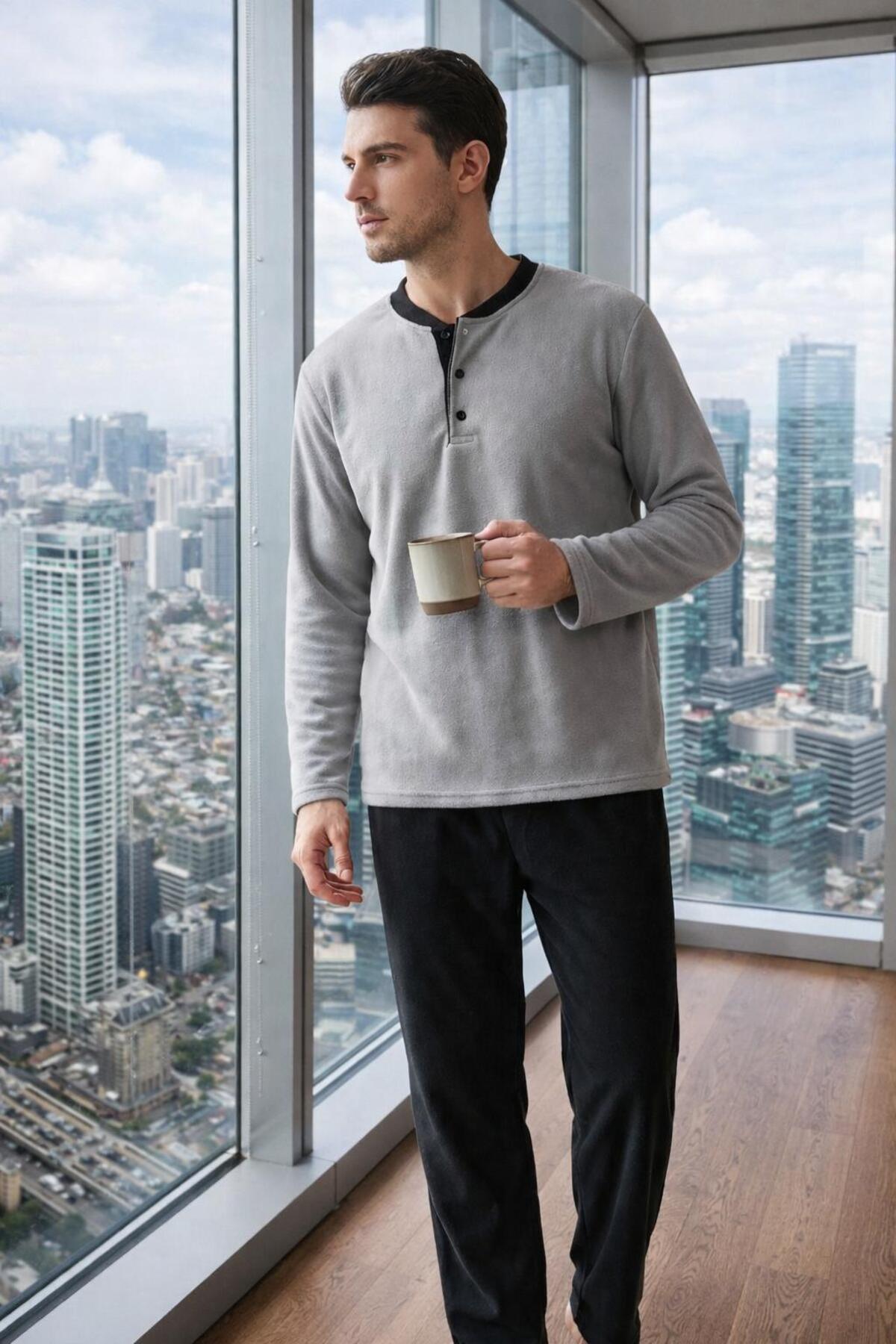 Sude HOMEWEAR  SUDE KIŞLIK GRİ POLAR YAKA DÜĞMELİ ALT CEPLİ - Görsel 3