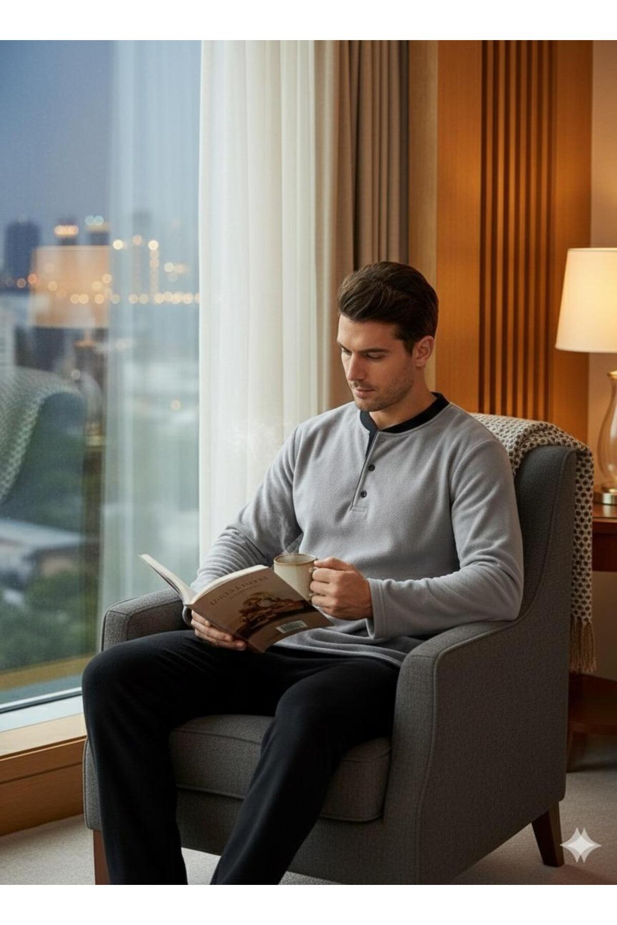 Sude HOMEWEAR  SUDE KIŞLIK GRİ POLAR YAKA DÜĞMELİ ALT CEPLİ - Görsel 5