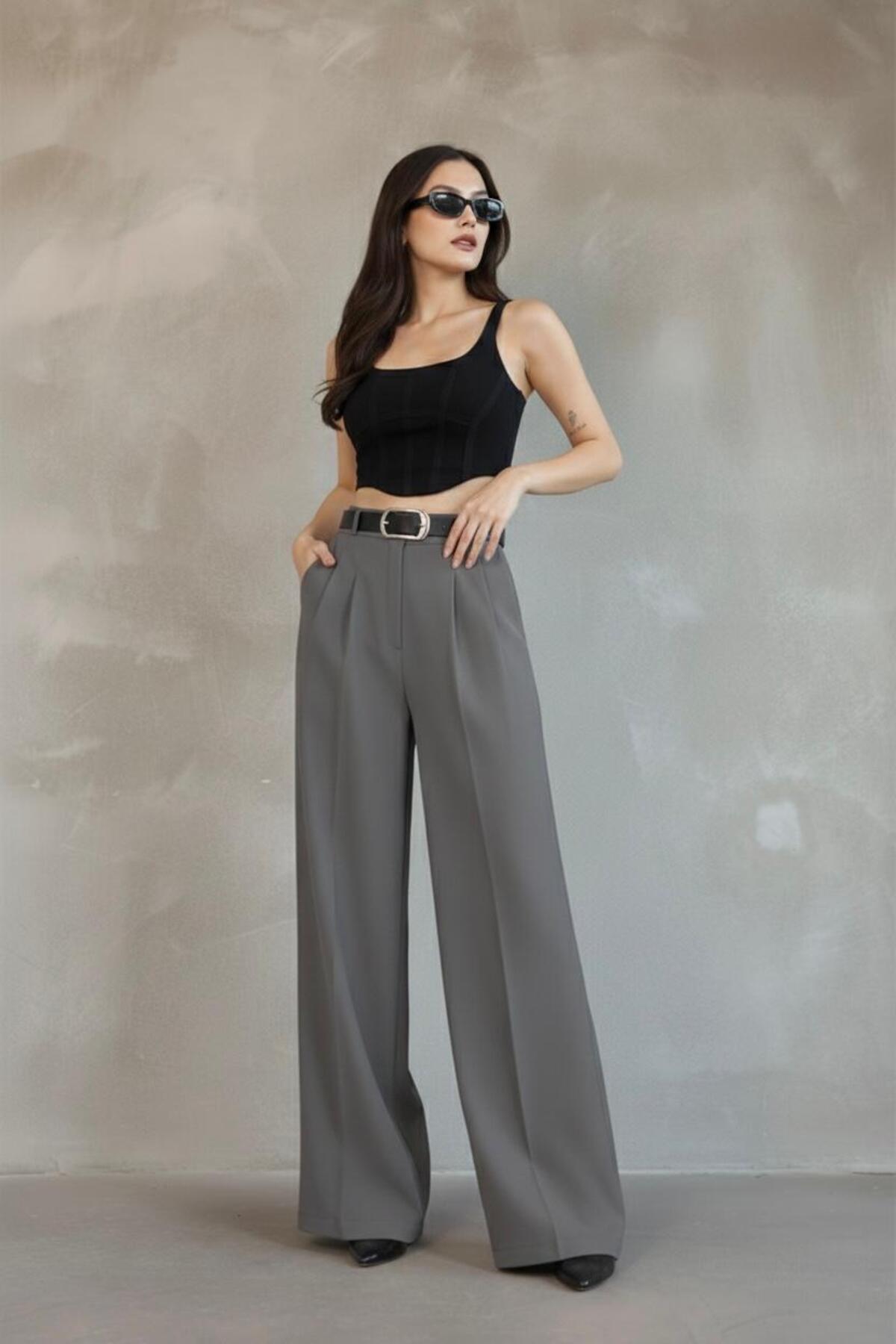 HA-KA GİYİM  Kadın Palazzo Pileli Pantolon İthal DoubleFace Kumaş Yüksek Kaliteli Ürün Yüksek Bel Kemerli - Görsel 6