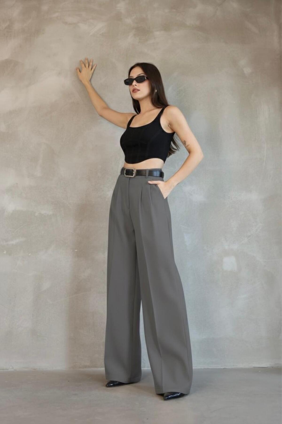 HA-KA GİYİM  Kadın Palazzo Pileli Pantolon İthal DoubleFace Kumaş Yüksek Kaliteli Ürün Yüksek Bel Kemerli - Görsel 4