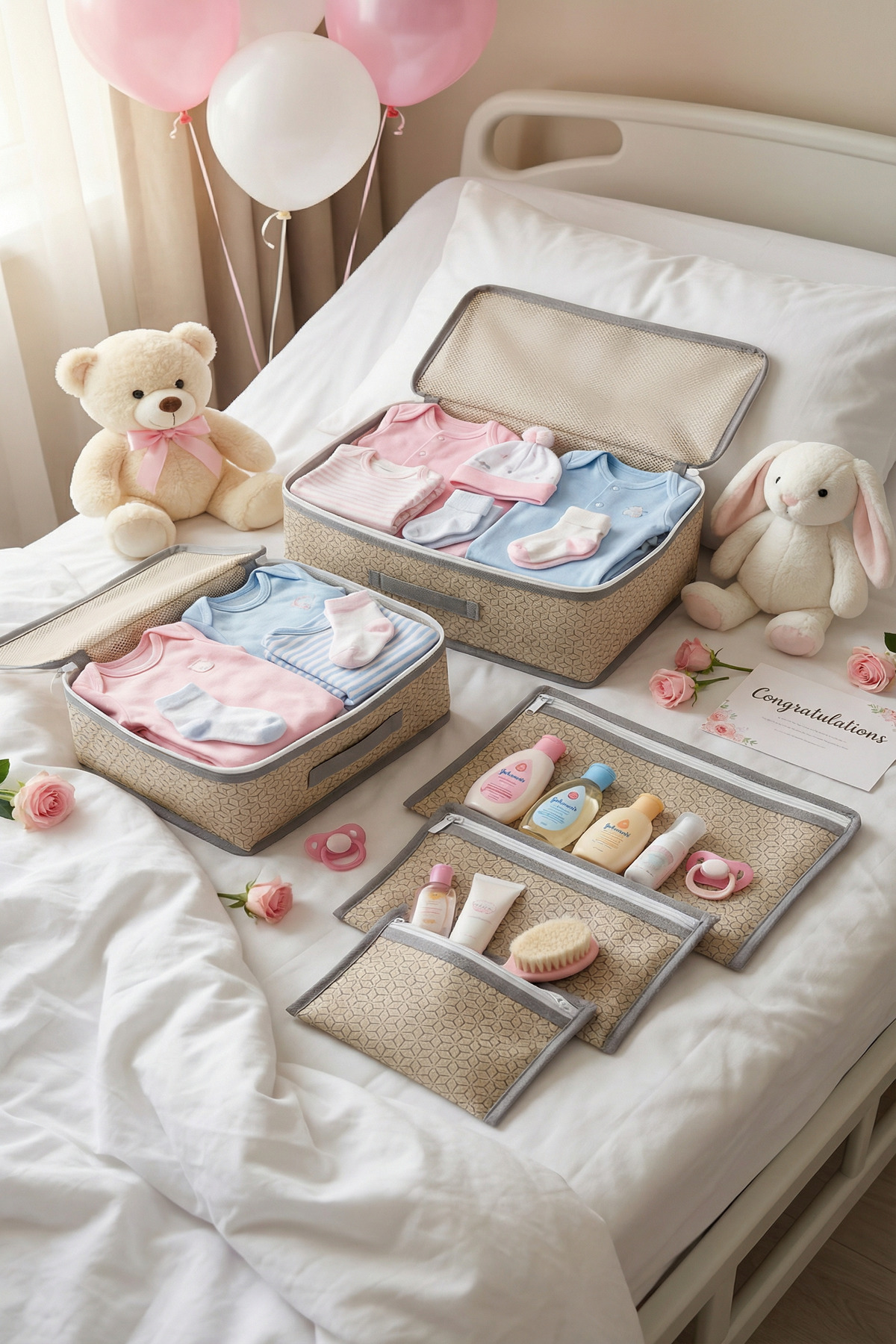 EVSELLA 6'lı Bebek Bakım Çantası Hastane Çıkış Doğum Çantası Organizer Bej Set fotoğrafı 3 (önizleme)