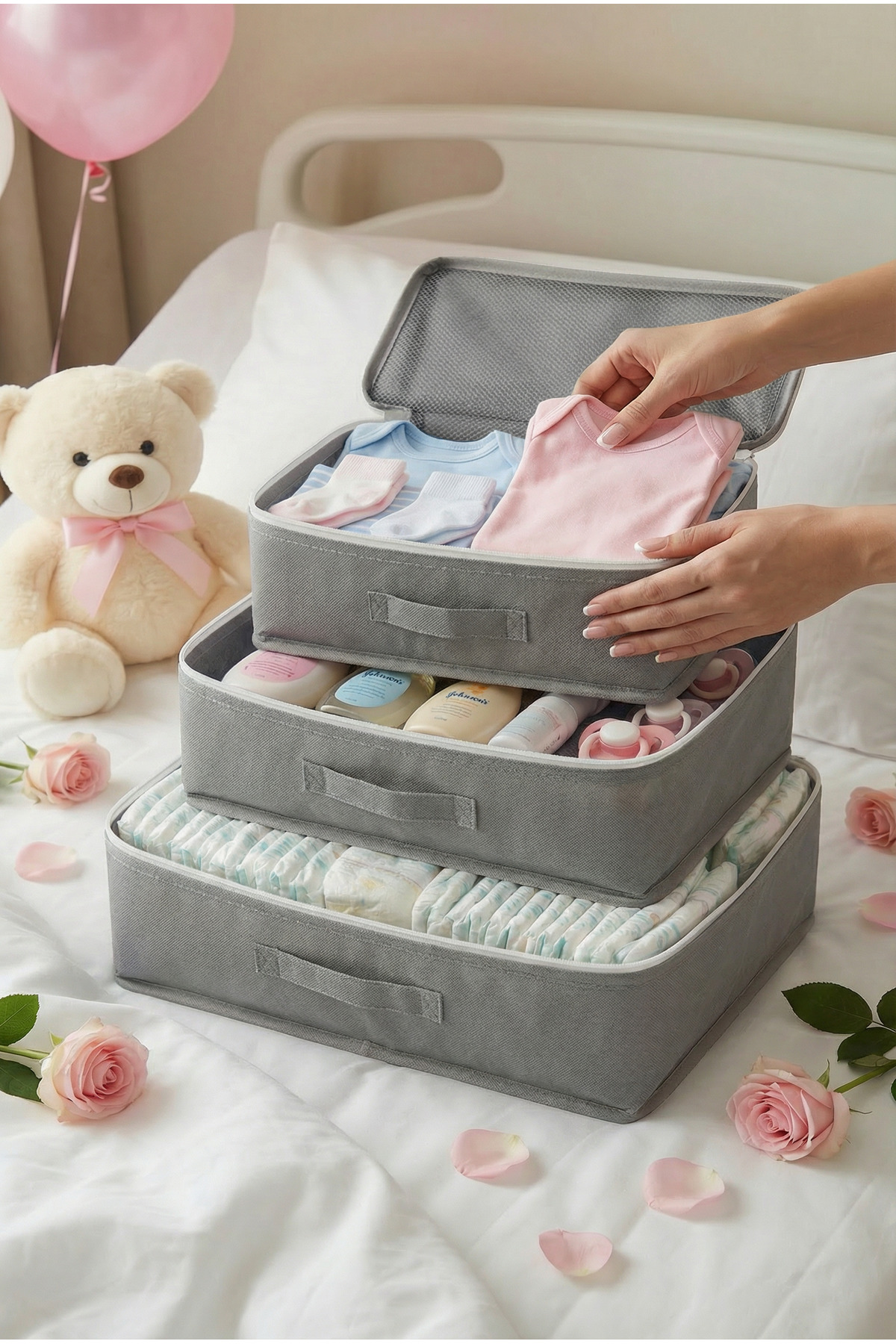 EVSELLA 6'lı Bebek Bakım Çantası Hastane Çıkış Doğum Çantası Organizer Gri Set fotoğrafı 7 (önizleme)