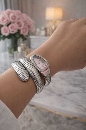 ELVİORE STORE Gümüş Renk Pembe Kadran Yılan Saat ,Dolamalı Saat ,Kadın Kol Saati