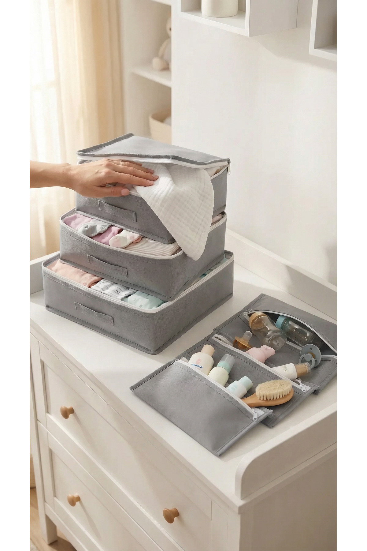 EVSELLA 6'lı Bebek Bakım Çantası Hastane Çıkış Doğum Çantası Organizer Gri Set fotoğrafı 6 (önizleme)