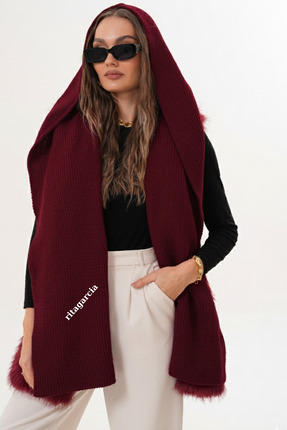 Ritagarcia Kapüşon Detaylı Bordo Örgü Şal | Hooded Scarf Trendi