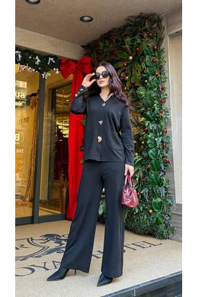 Cannes Liza Siyah Gold Düğme Detaylı V Yaka Pantolon Ceket İkili Takım