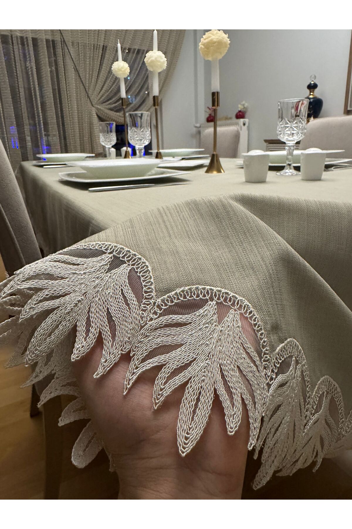 Handcrafted Dowry Lace Detailed Carefree OVAL Tablecloth Stone Color