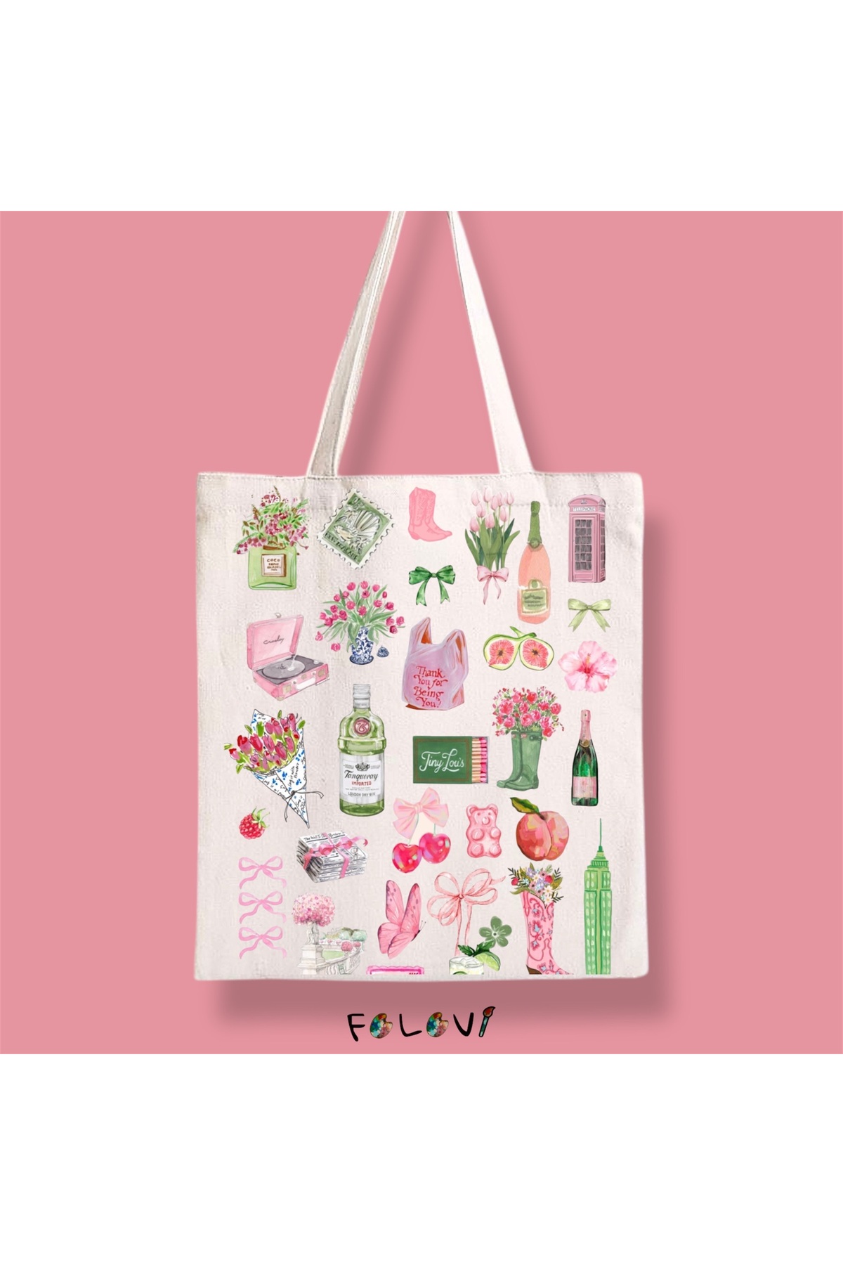 FALAVİ  Pembe Desenli Bez Çanta