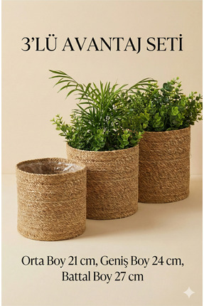 sever ithalat 3'lü Hasır Jüt Sepet Seti - Dekoratif Saksı Kılıfı & Çok Amaçlı...