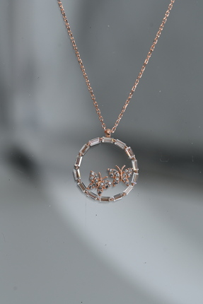 Liman Storage Kelebekler Taşlı Rose 925 Ayar Gümüş Kolye