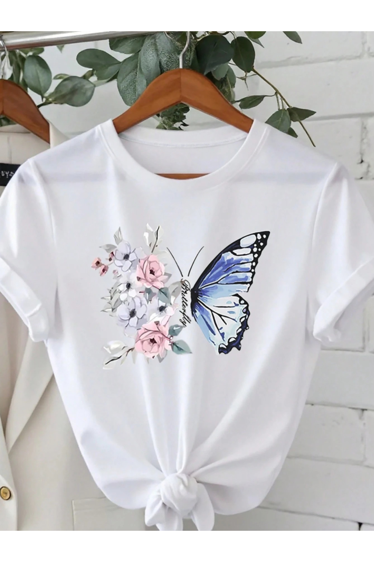 one button Unisex μπλουζάκι με σχέδιο λουλουδιών και πεταλούδων, βασικό μπλου...