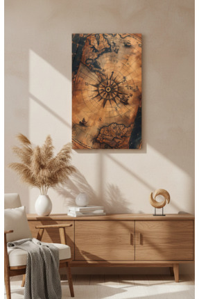 YTD ART DESİGN Harita ve Pusula Temalı Tablo Kanvas Dikey Tasarım