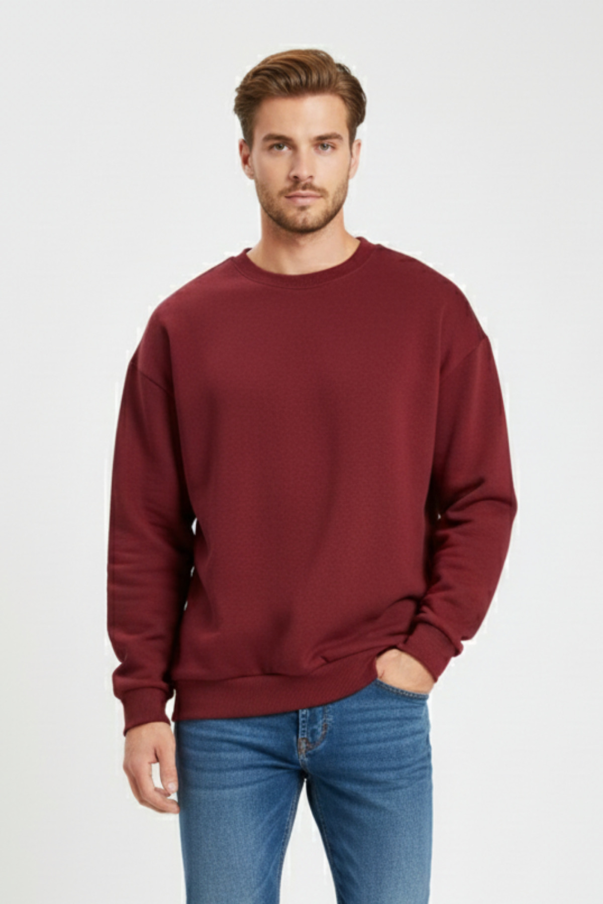 KOZİA OUTDOORS  Baskısız Basic Oversize Bisiklet Yaka Şardonlu Unisex Rahat Kalıp Sweatshirt - Görsel 4