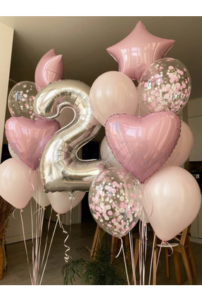 Organizasyon Pazarı Gümüş Rakam 2 Balon Seti Pembe Kalp Yıldız Konfeti Doğum ...