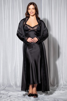 euro click Dantel Detaylı Siyah Saten Uzun Gecelik & Sabahlık Takımı