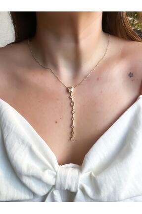 AlminaMia Geometrik Taş Dizilimli Y Kolye (Lariat/Sarkıt Model) – Pirinç Üzer...