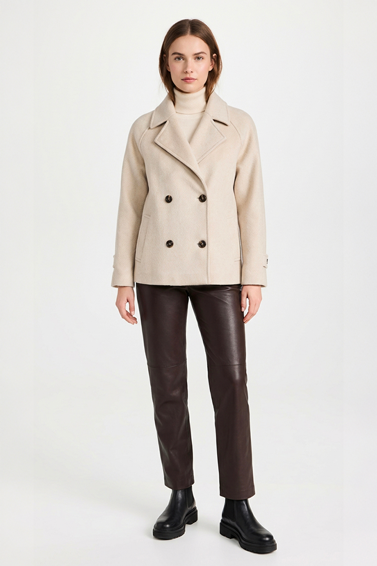 Soydan Güner  Bej Reglan Kol Kruvaze Yaka Rahat Kalıp Alpaka Tuşe Kısa Kaban 2670 - Görsel 4