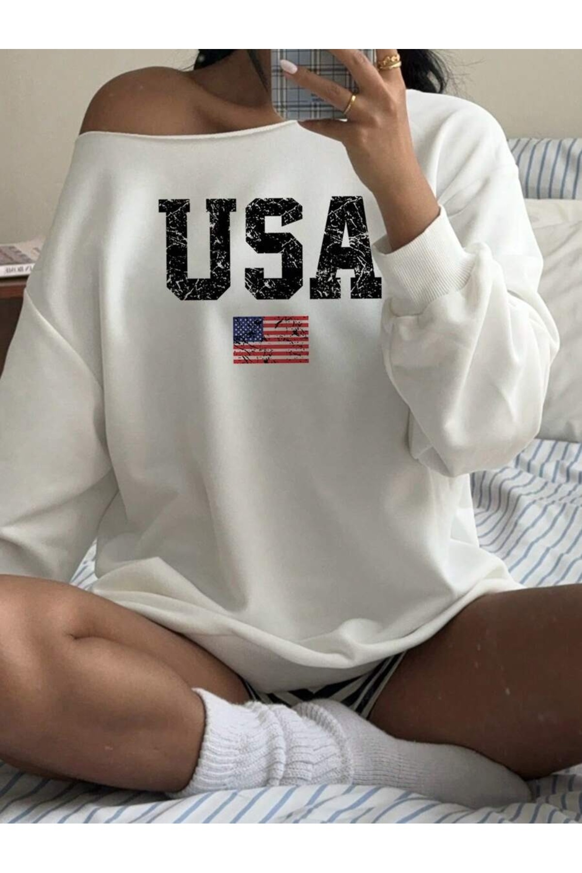 OVER HEAD Kadın Usa Bayrak Baskılı Kayık Yaka Oversize Sweatshirt görsel 3